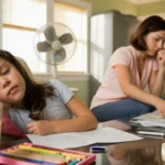 Young girl napping on living room couch under ceiling fan in Charlotte home