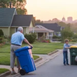 Neighbors in Lexington suburb rolling recycling bins to curb on peaceful morning