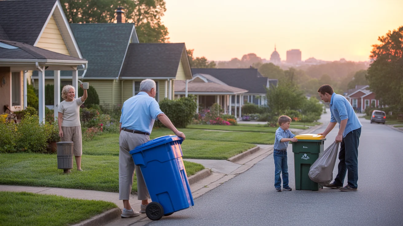 Neighbors in Lexington suburb rolling recycling bins to curb on peaceful morning
