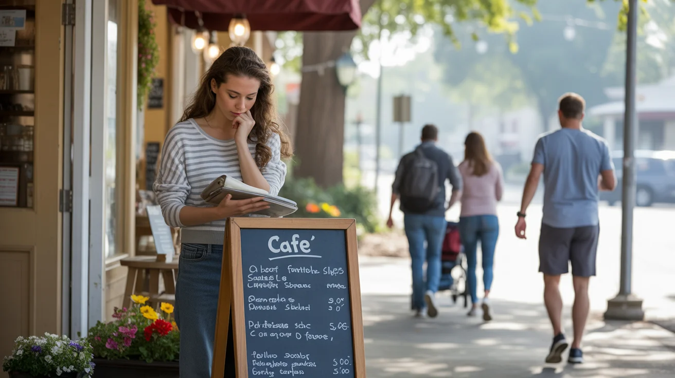Woman looking at cafe menu prices outside coffee shop in Pearland, Texas