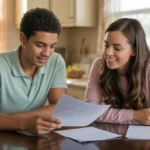 Couple reviews cost of living documents at kitchen table in their Kissimmee home