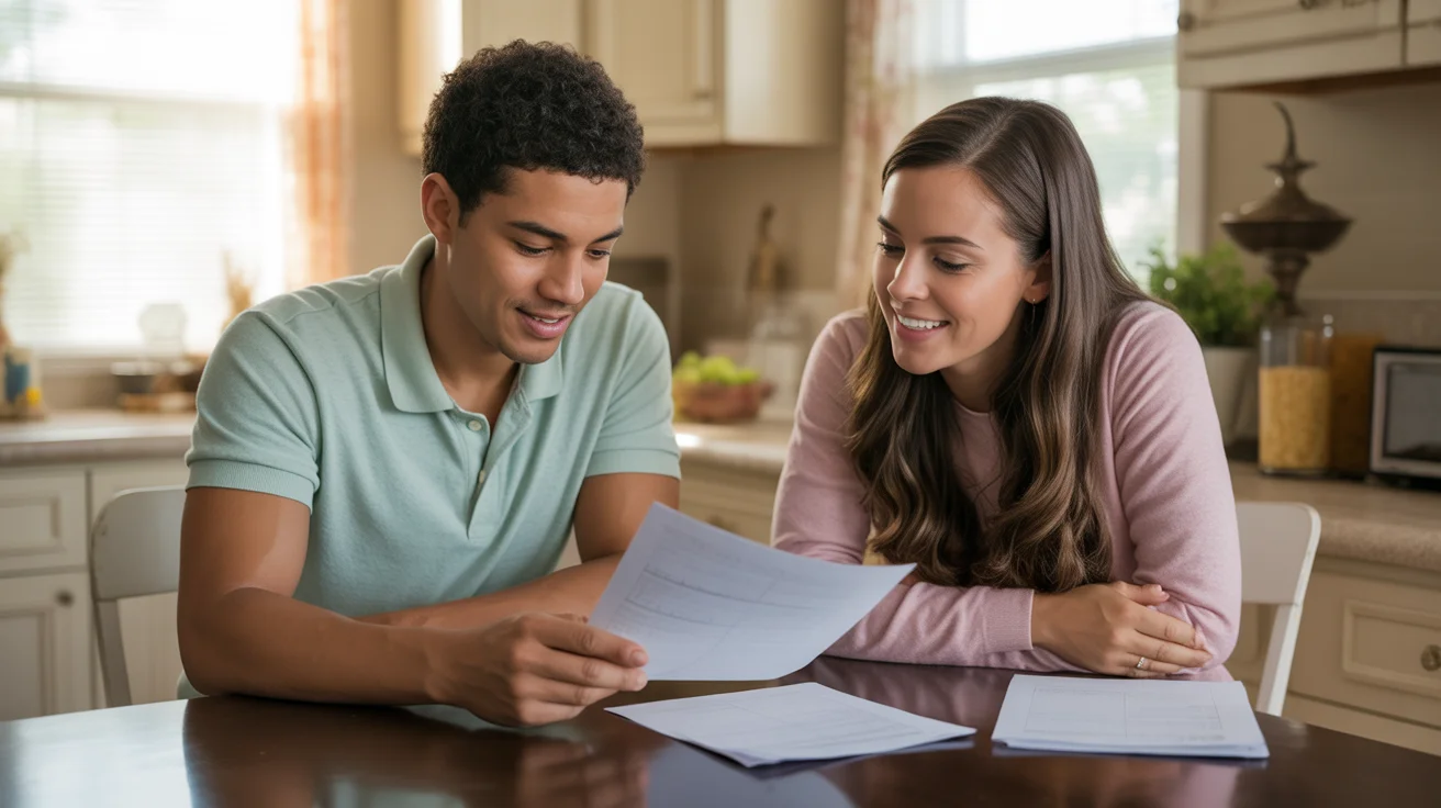 Couple reviews cost of living documents at kitchen table in their Kissimmee home