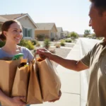 Woman receiving grocery delivery at her front door in Paradise, Nevada