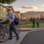 A man unlocks his bicycle from a shared bike rack outside a suburban townhouse complex in Murrieta, California at sunset.