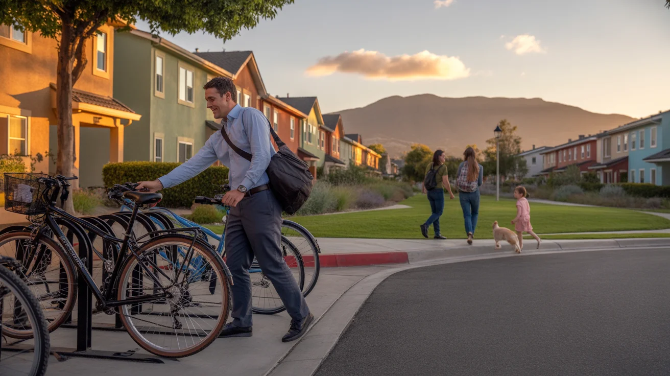 A man unlocks his bicycle from a shared bike rack outside a suburban townhouse complex in Murrieta, California at sunset.
