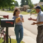 Neighbors chatting by community mailboxes on a sunny morning in a Lakewood, Colorado suburb
