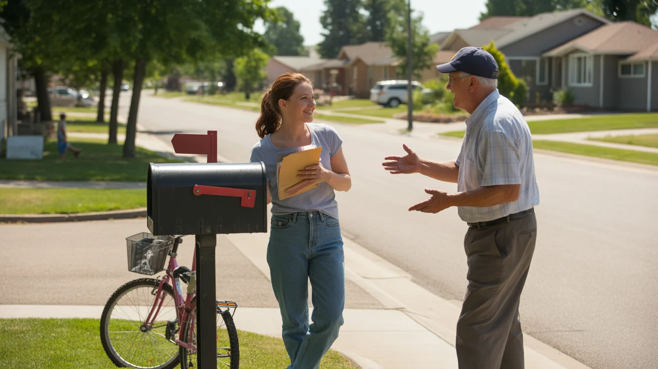 Neighbors chatting by community mailboxes on a sunny morning in a Lakewood, Colorado suburb