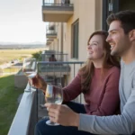 Couple enjoys sunset view from Highlands Ranch apartment balcony