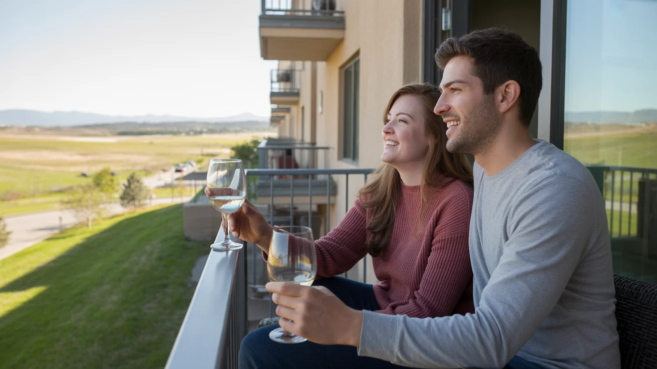 Couple enjoys sunset view from Highlands Ranch apartment balcony
