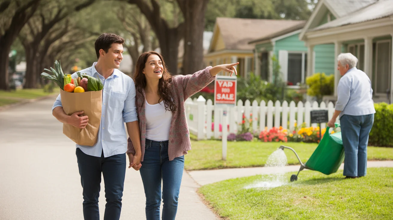Couple in Winter Garden, FL walking home from grocery shopping on sunny sidewalk