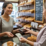 A young woman paying in cash at a local Smyrna bakery, with a thoughtful expression and a modest amount of money in her wallet.