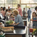 Shoppers of various ages in the checkout line at a neighborhood grocery store in Grand Prairie, TX