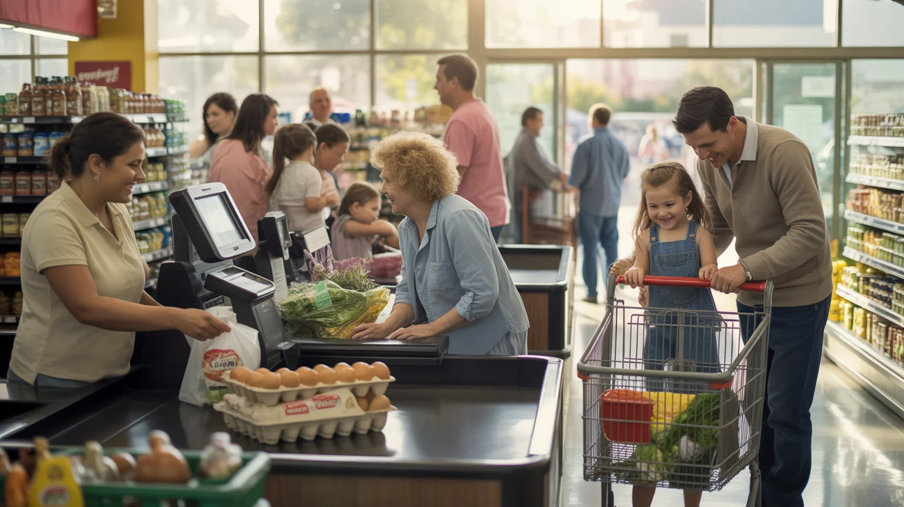 Shoppers of various ages in the checkout line at a neighborhood grocery store in Grand Prairie, TX