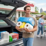Man loading bulk household supplies into car trunk outside discount grocery store in Douglasville, GA