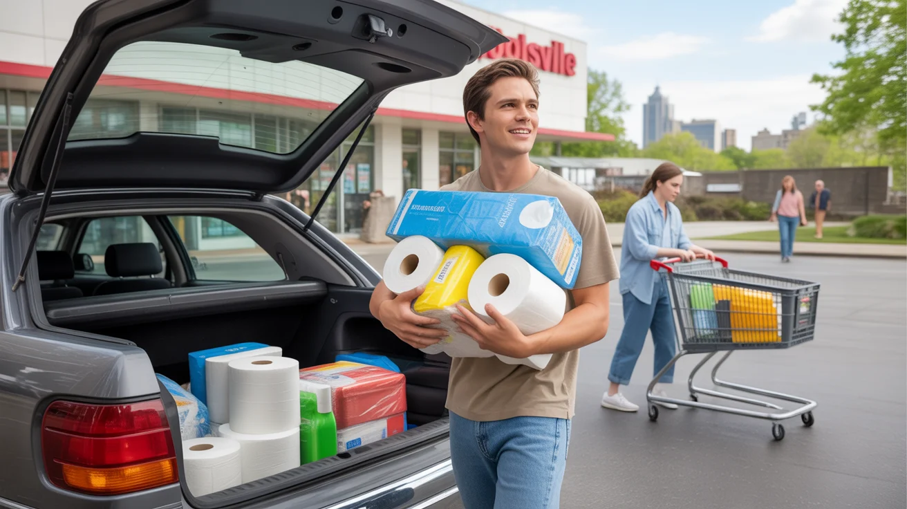 Man loading bulk household supplies into car trunk outside discount grocery store in Douglasville, GA
