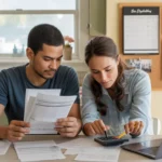 Couple reviewing utility bills and budgeting at kitchen table in San Bernardino home