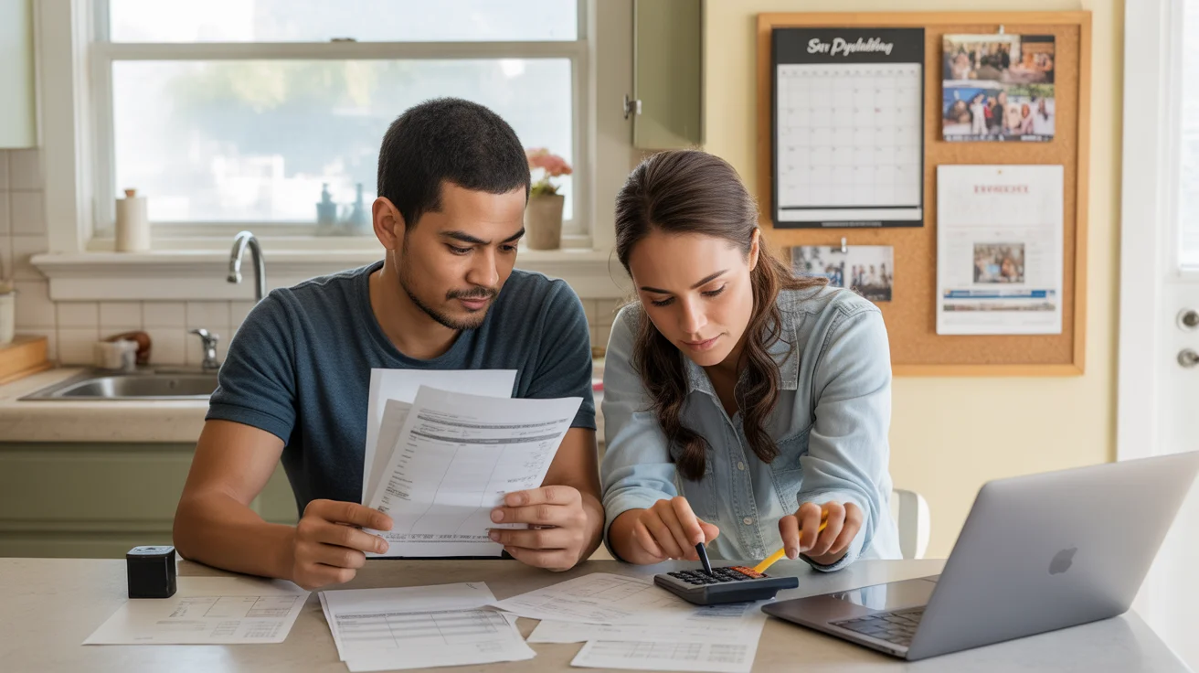 Couple reviewing utility bills and budgeting at kitchen table in San Bernardino home