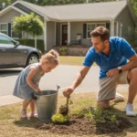 Father and daughter doing yardwork outside their home in Douglasville, Georgia