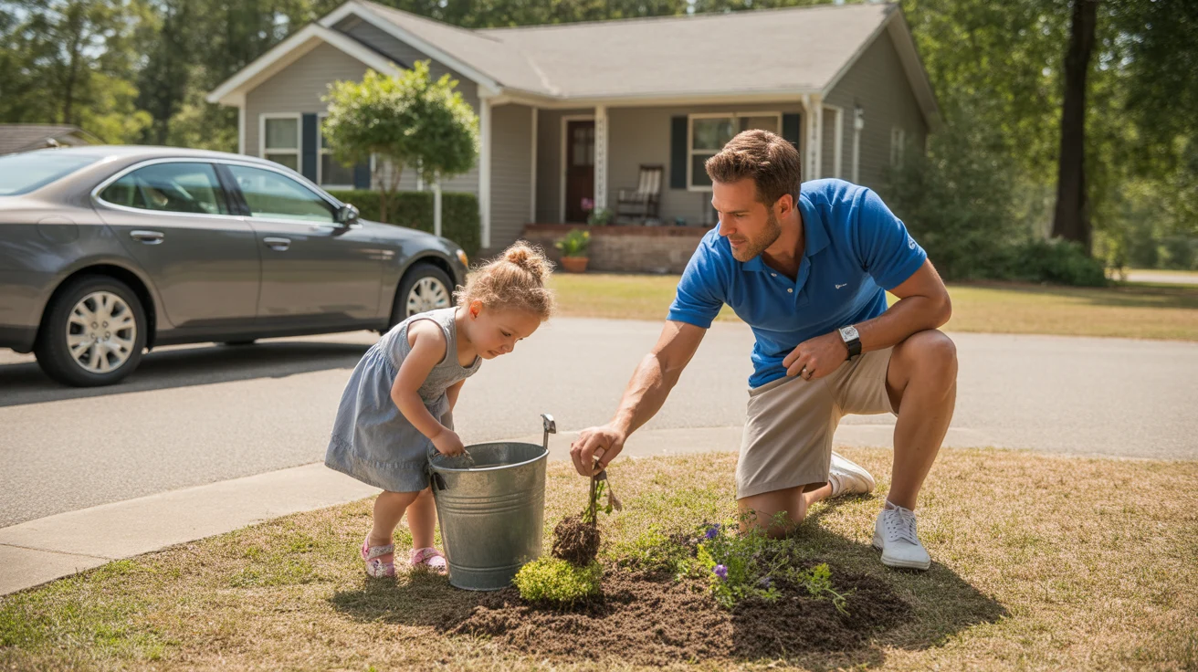 Father and daughter doing yardwork outside their home in Douglasville, Georgia