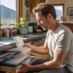 Man reviewing bills and receipts at kitchen table in Boulder, Colorado home