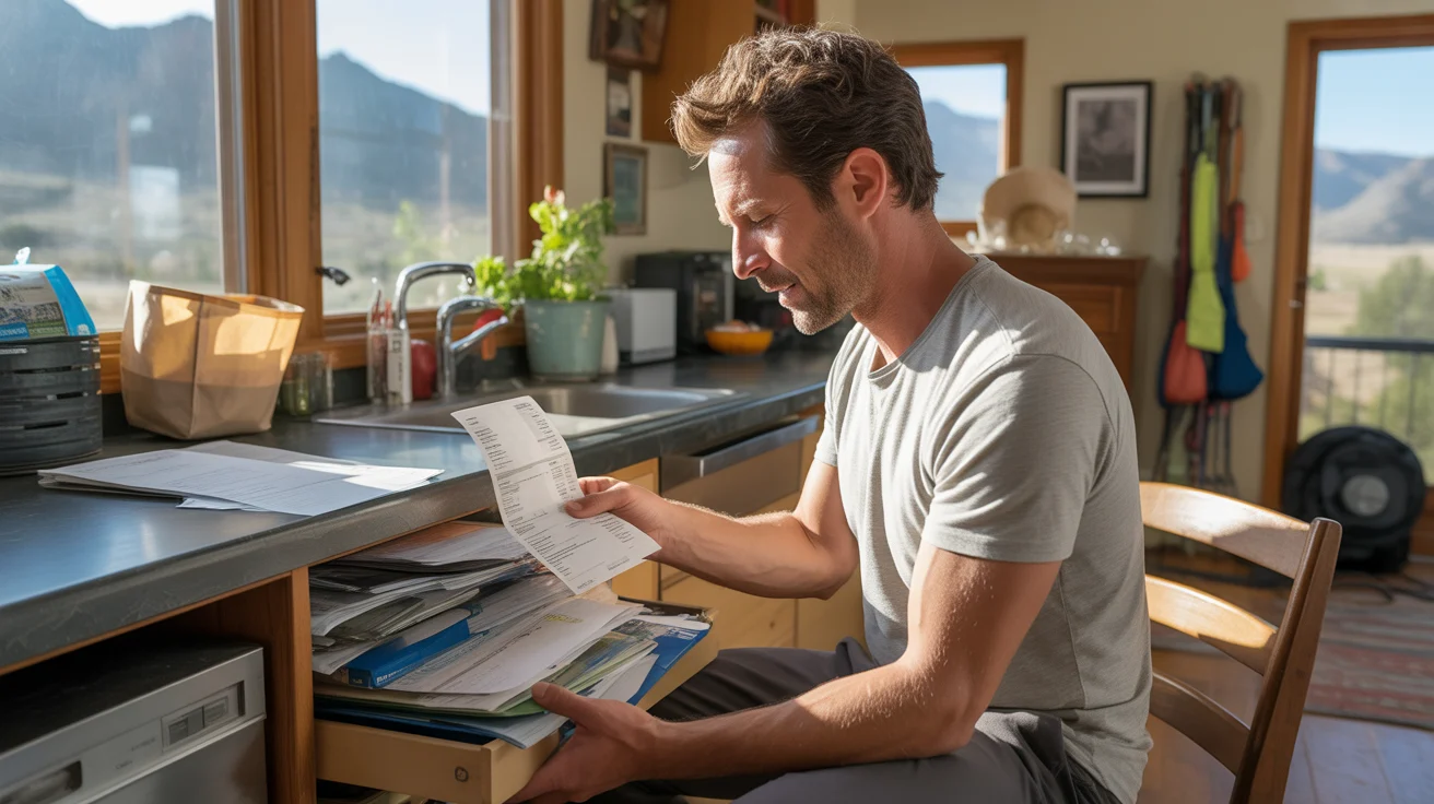 Man reviewing bills and receipts at kitchen table in Boulder, Colorado home