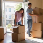 Couple unpacking in their new Aurora, CO apartment on moving day