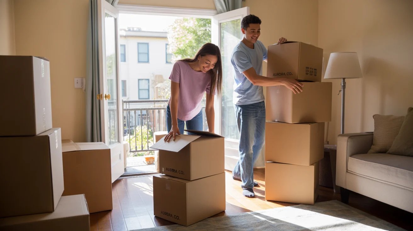Couple unpacking in their new Aurora, CO apartment on moving day