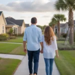 A couple explores a peaceful new neighborhood in Winter Garden, FL at sunset.