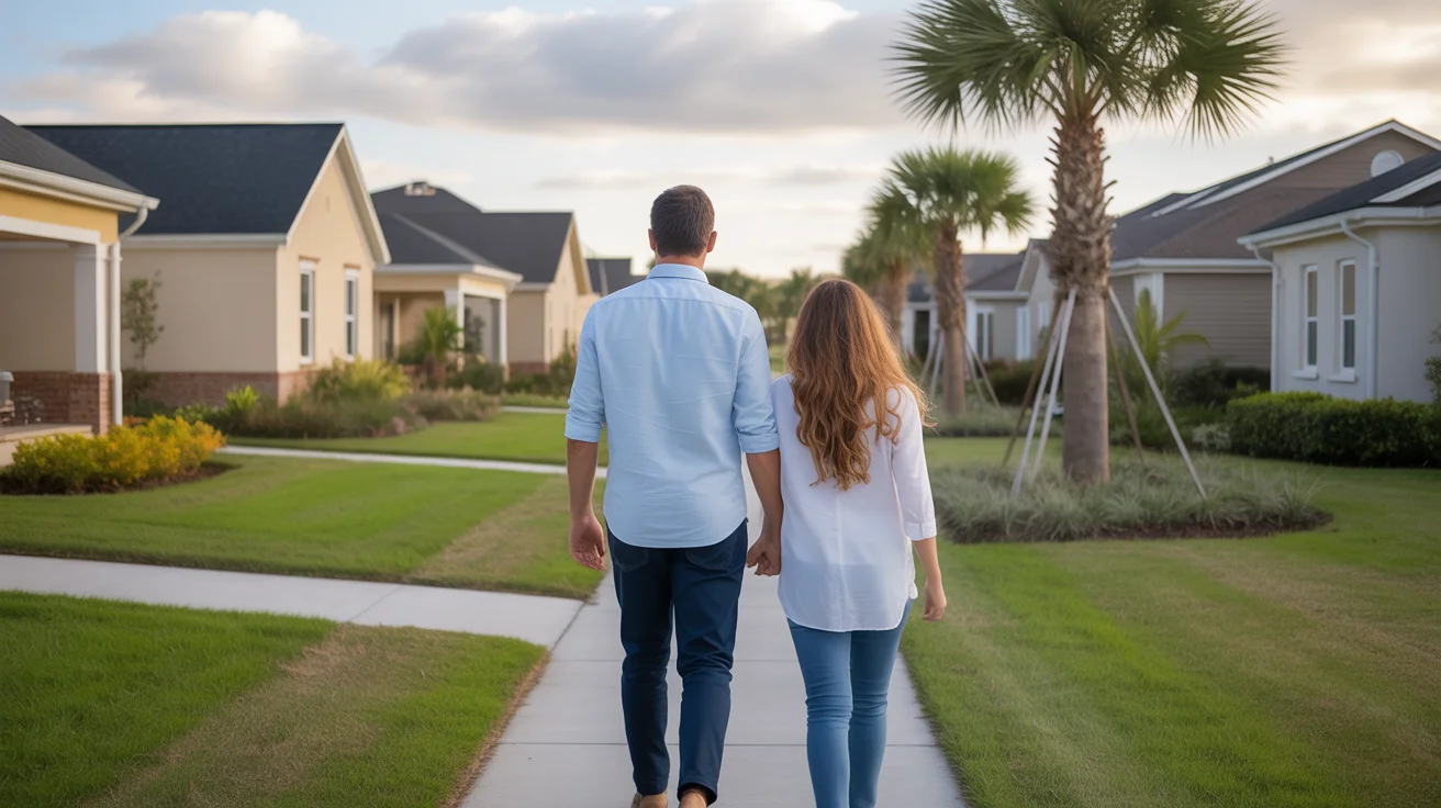 A couple explores a peaceful new neighborhood in Winter Garden, FL at sunset.