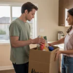 Couple unpacking groceries in new Anaheim apartment kitchen