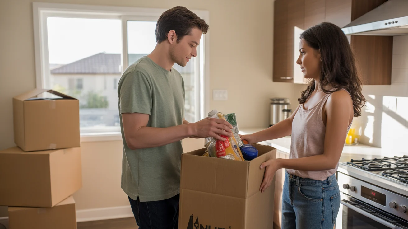 Couple unpacking groceries in new Anaheim apartment kitchen