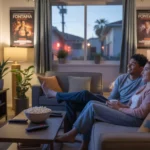 Two roommates watching a movie together in their cozy Fontana apartment living room decorated with posters.