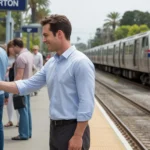 A man taps his transit card at a Fullerton commuter rail platform on a sunny morning.