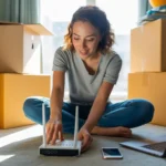 Woman setting up Wi-Fi router in new Wheaton apartment, surrounded by moving boxes