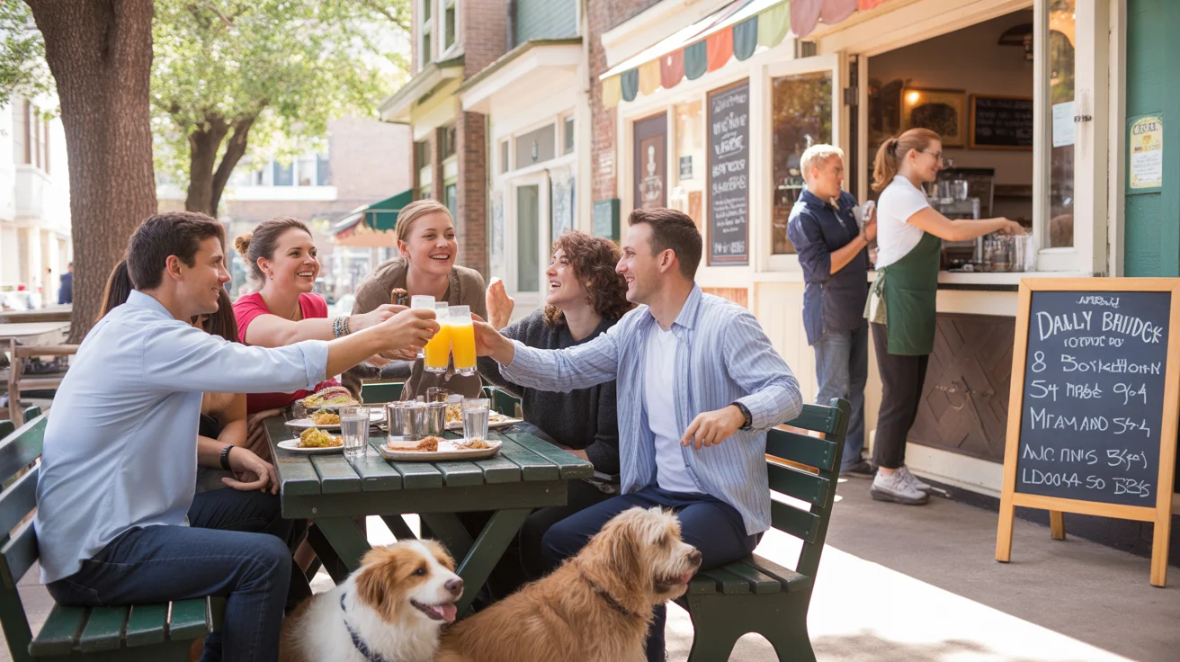 Friends enjoying brunch together on the patio of a cozy cafe in Gastonia, NC