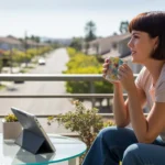 Woman drinking coffee on balcony in Murrieta with tablet beside her