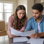 Couple budgeting in new Frisco home with moving boxes