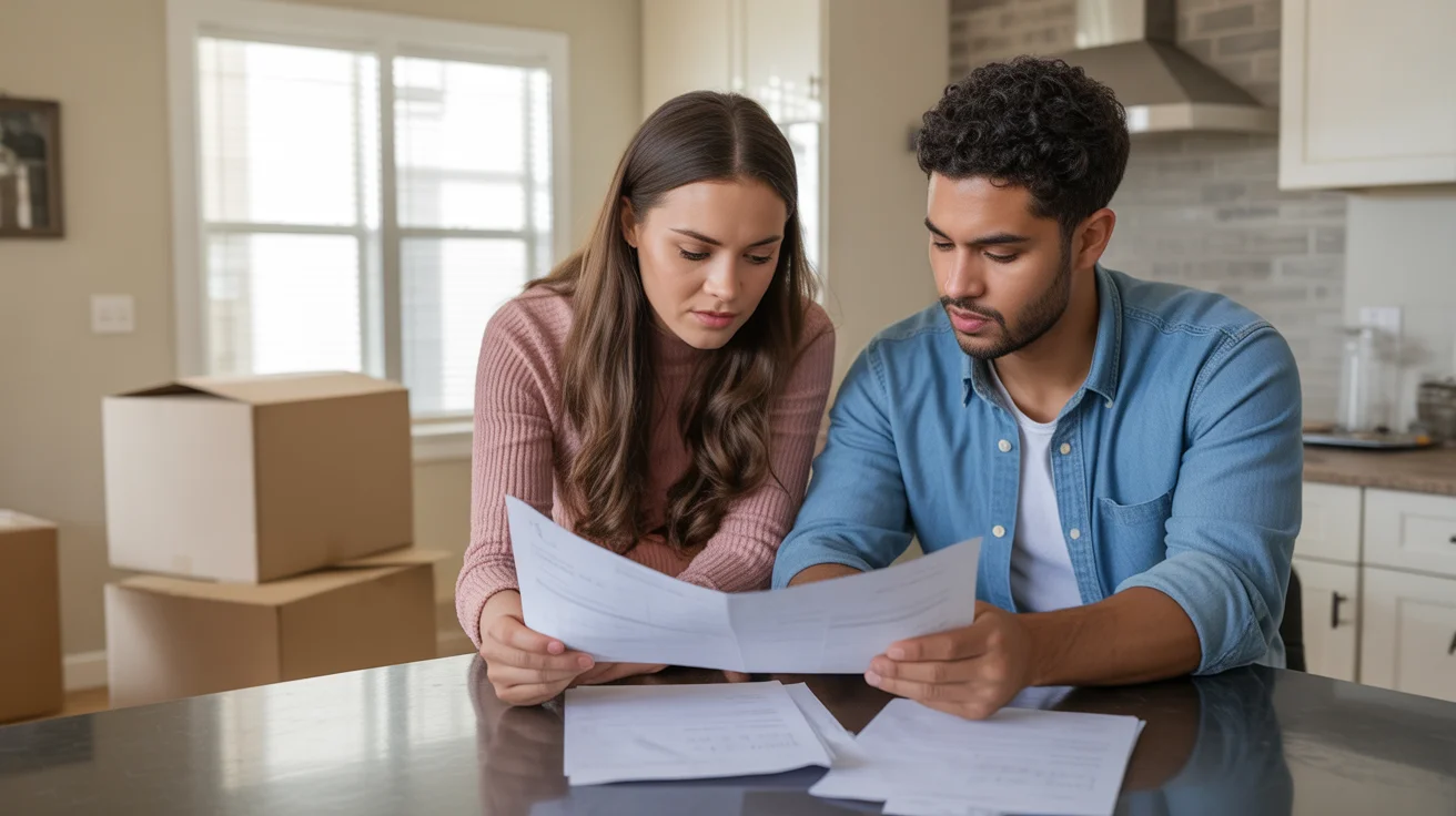 Couple budgeting in new Frisco home with moving boxes