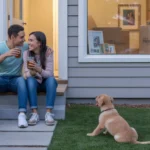 Couple sitting on condo steps watching their puppy in the yard at dusk