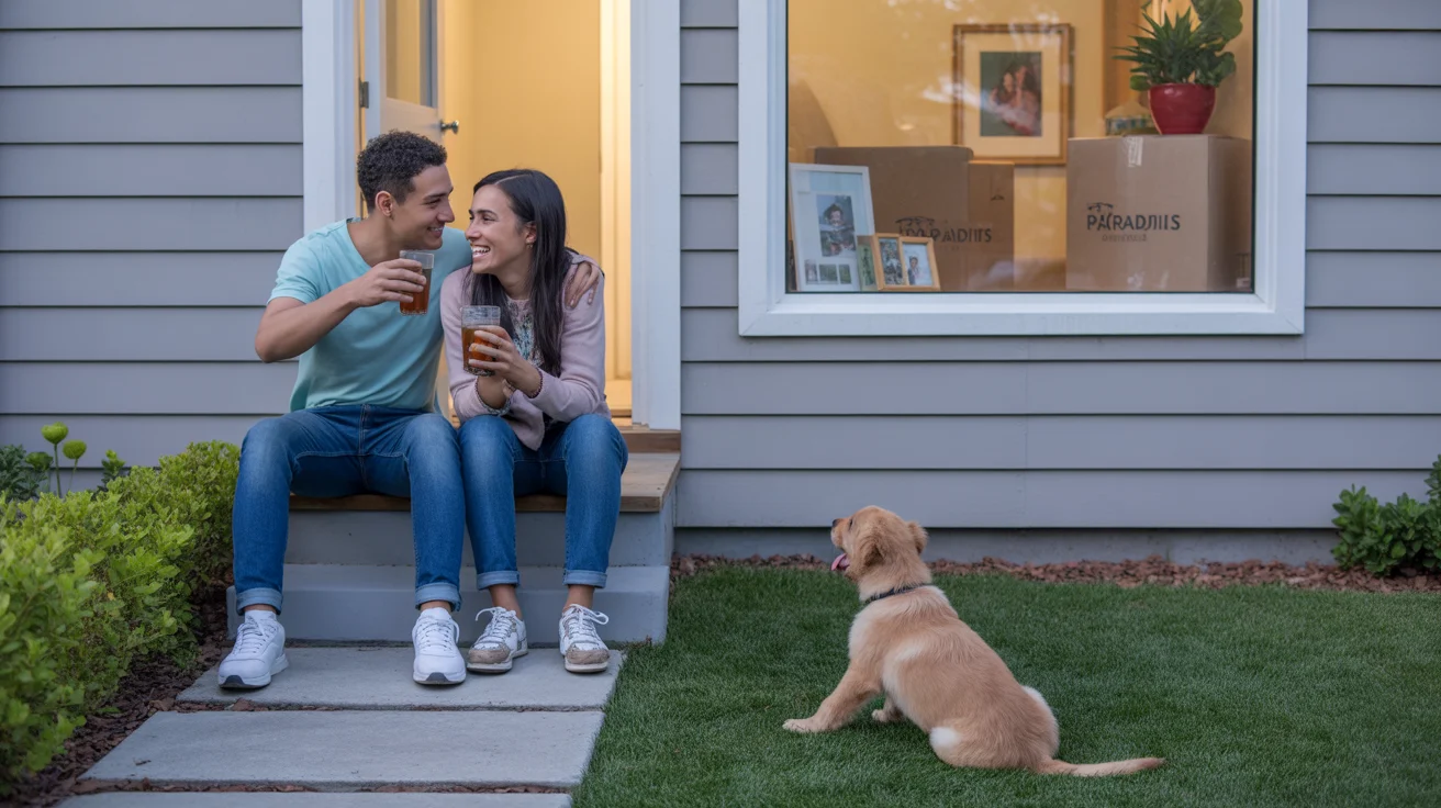 Couple sitting on condo steps watching their puppy in the yard at dusk