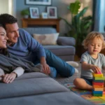 A couple watches TV while their child plays in the living room of their Raleigh home