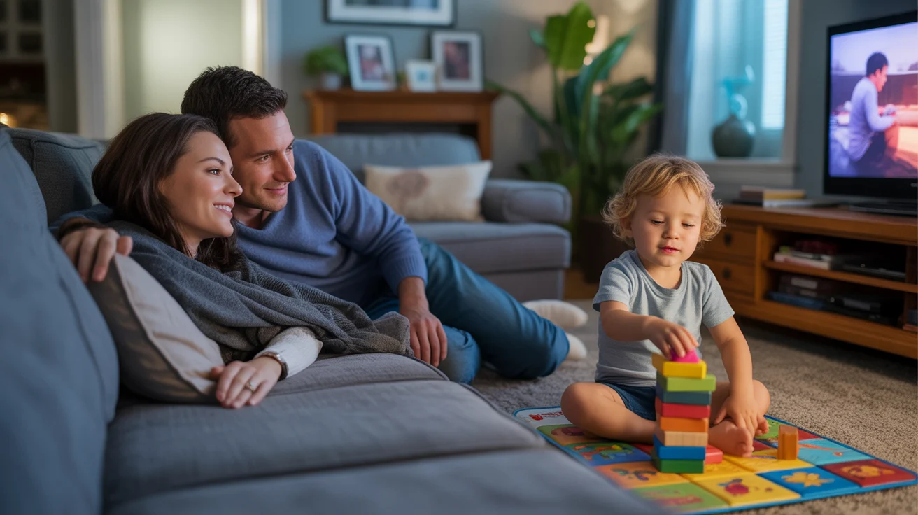 A couple watches TV while their child plays in the living room of their Raleigh home