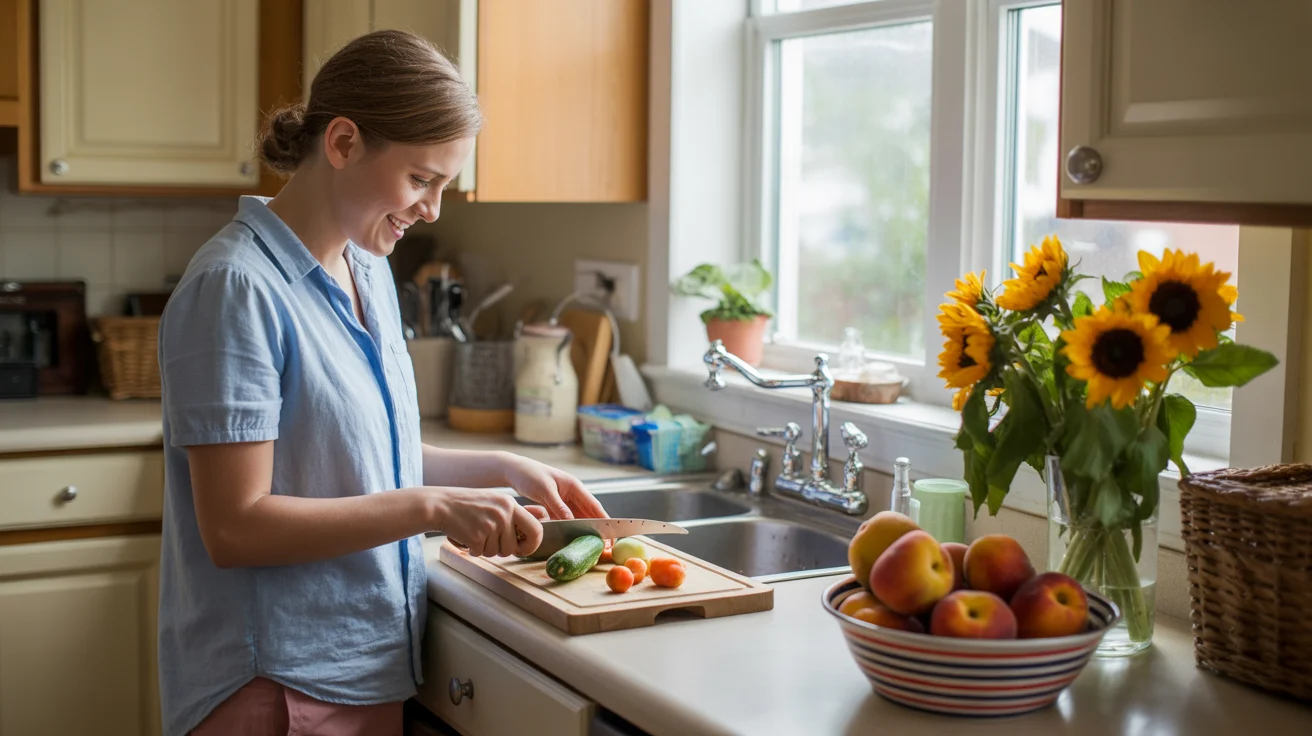 A sunlit kitchen counter with fresh produce and flowers, illustrating comfortable suburban life in Stonecrest, GA.