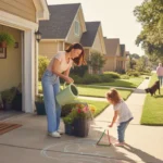 Woman watering flowers by garage while daughter draws with chalk in driveway of suburban Texas home