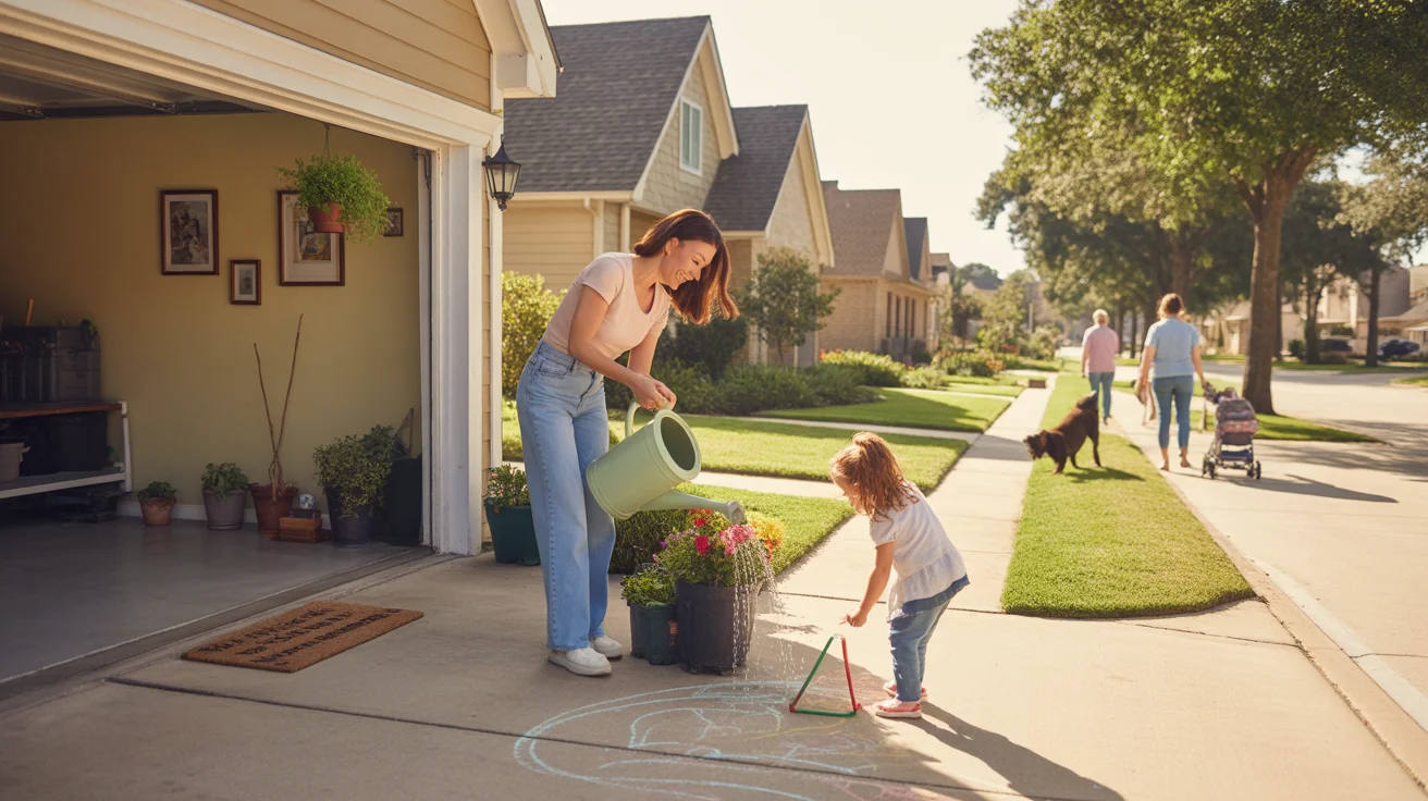 Woman watering flowers by garage while daughter draws with chalk in driveway of suburban Texas home