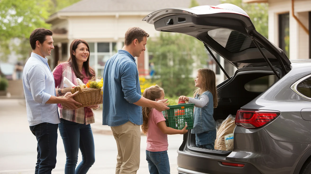 Family loading groceries into car in Aurora with neighbors in background