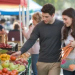 Couple shopping for fresh produce at outdoor farmers market in Highlands Ranch