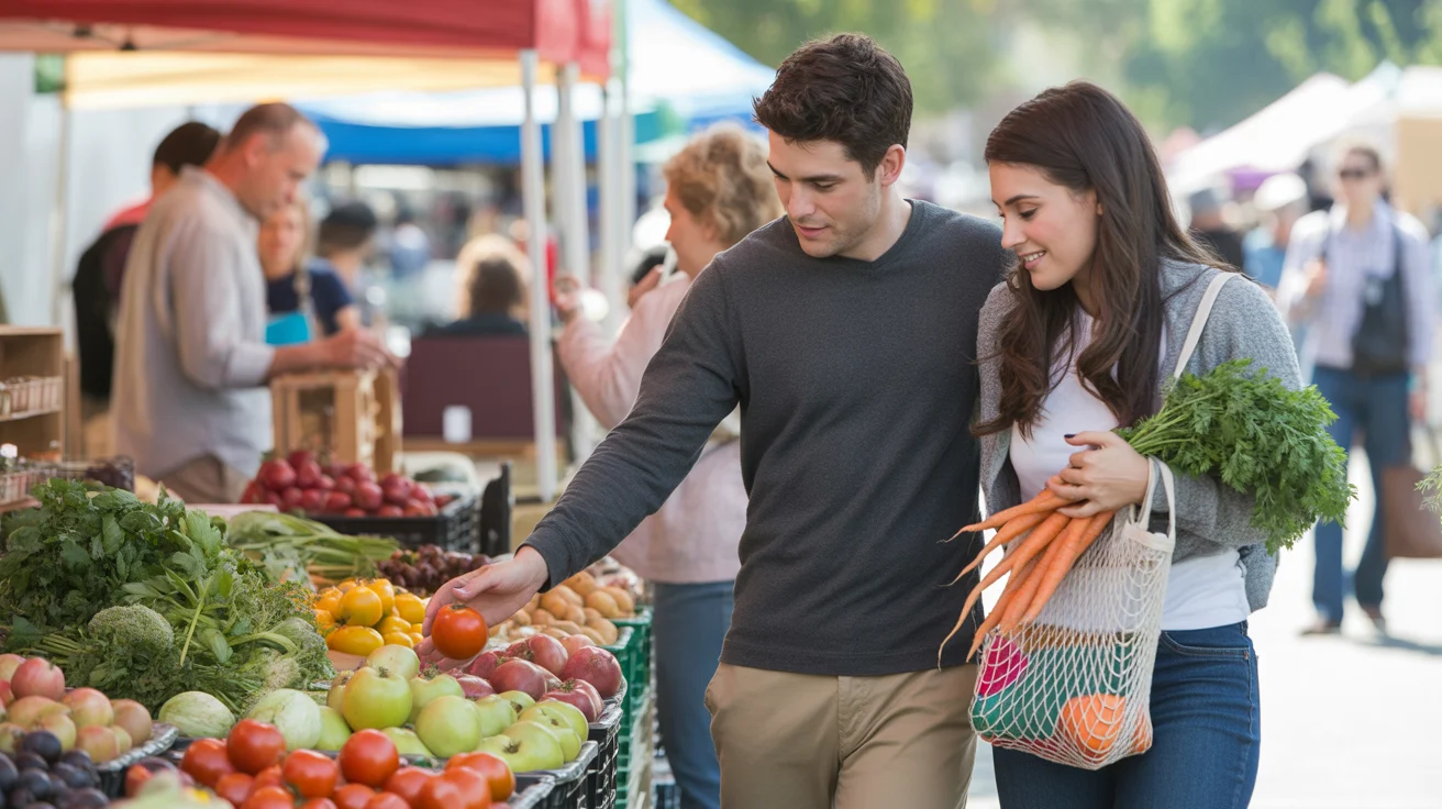 Couple shopping for fresh produce at outdoor farmers market in Highlands Ranch
