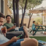 Family relaxing on shaded patio during hot summer day in Irvine, California