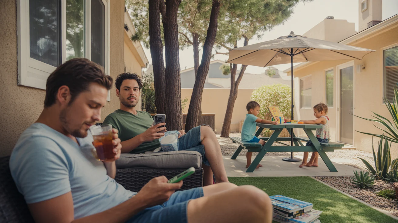 Family relaxing on shaded patio during hot summer day in Irvine, California